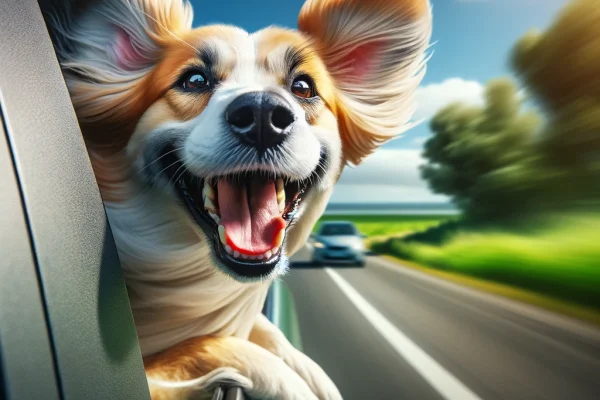 DALL·E 2024-03-08 07.23.29 - A joyful dog with its face out of a car window, ears flapping in the wind, and a big smile on its face. The scene captures the essence of a happy road